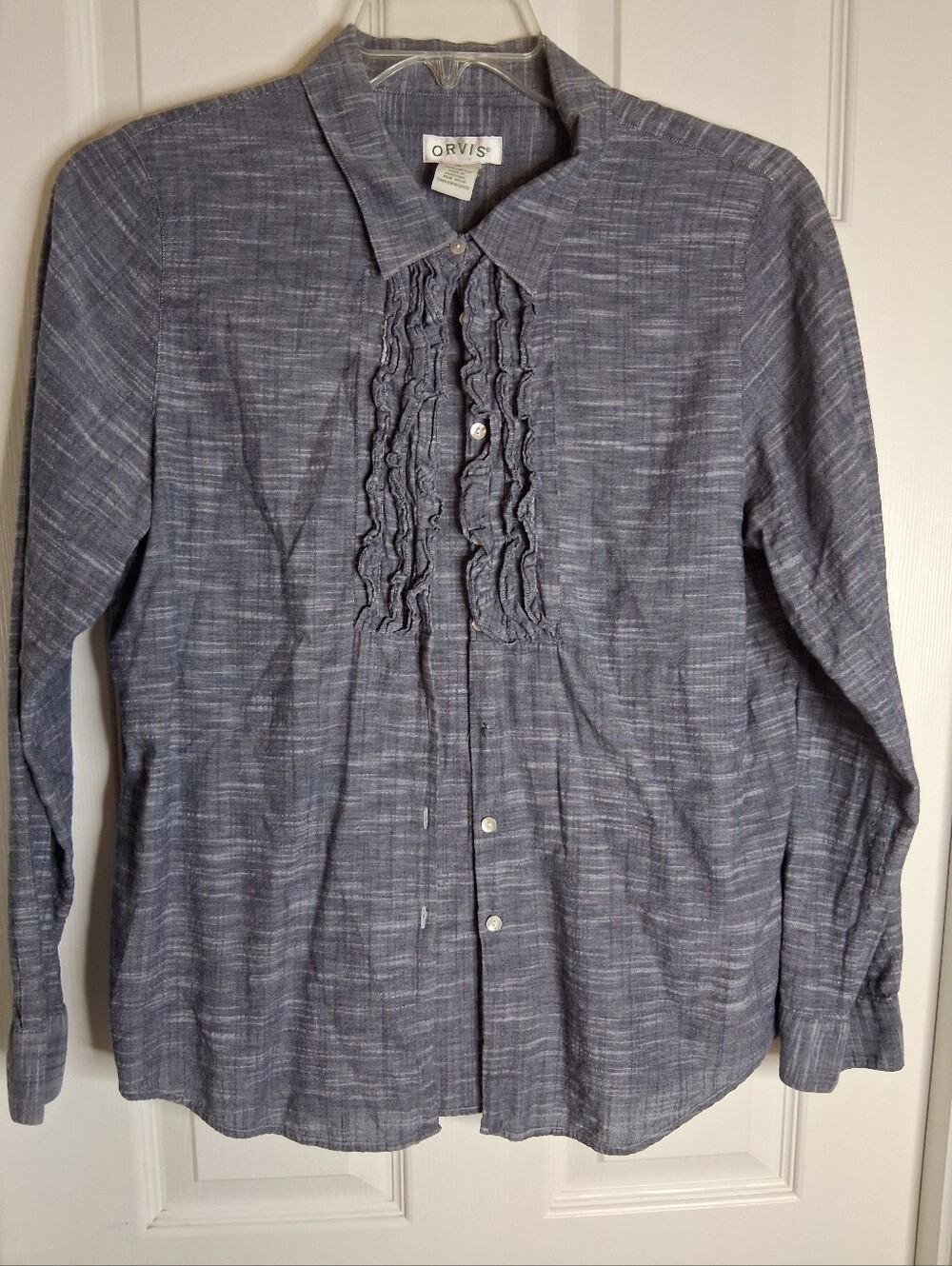 Orvis Blue Ruffle Front Lightweight 100 % Cotton Button-Up Shirt SZ 16